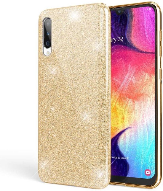Samsung Galaxy A70 Hoesjes – Siliconen TPU Backcover – Glitters BlingBling – Goud-Ilumina Benelux