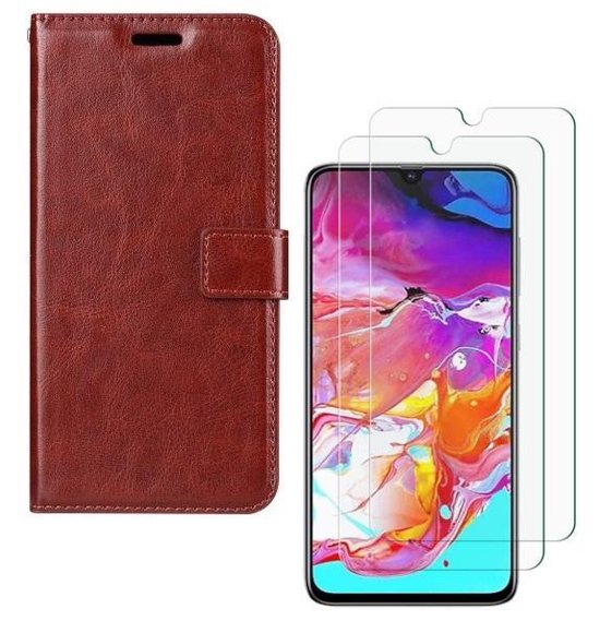 Samsung Galaxy A70/A70S Hoesjes – Portemonnee Hoes – Pasjeshouder – 2x Gehard Glas Screenprotector – Bruin-Ilumina Benelux