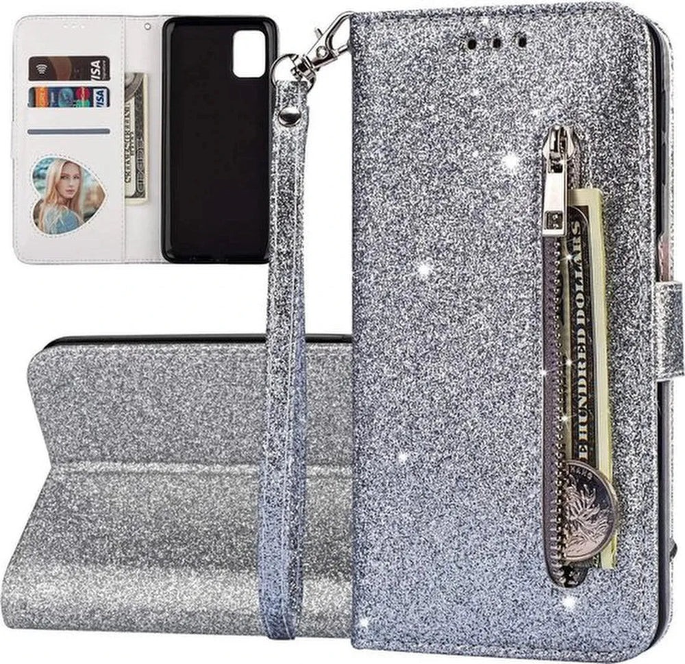 Samsung Galaxy A71 Hoesjes – Glitter Portemonnee Case – Rits & Koord – Pasjeshouder – Zilver-Ilumina Benelux