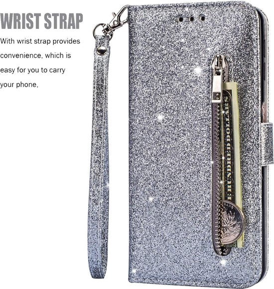 Samsung Galaxy A71 Hoesjes – Glitter Portemonnee Case – Rits & Koord – Pasjeshouder – Zilver-Ilumina Benelux