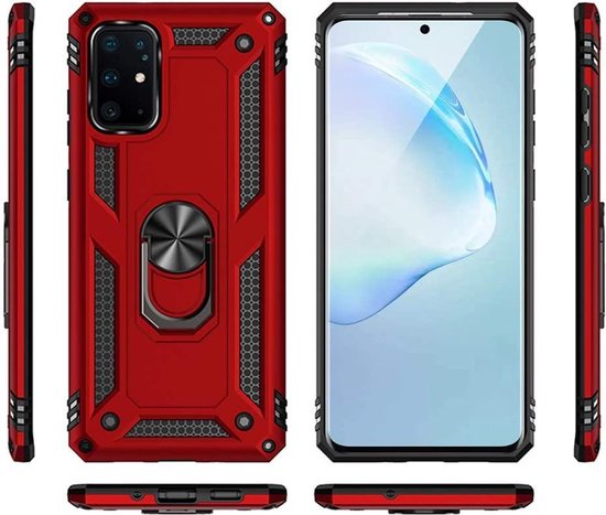 Rood ring-armor telefoonhoesje voor Samsung Galaxy A71 met schokbestendige constructie en geïntegreerde ringhouder.