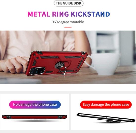 Rood Samsung Galaxy A71 ring armor backcover met metalen kickstand, schokbestendig design.