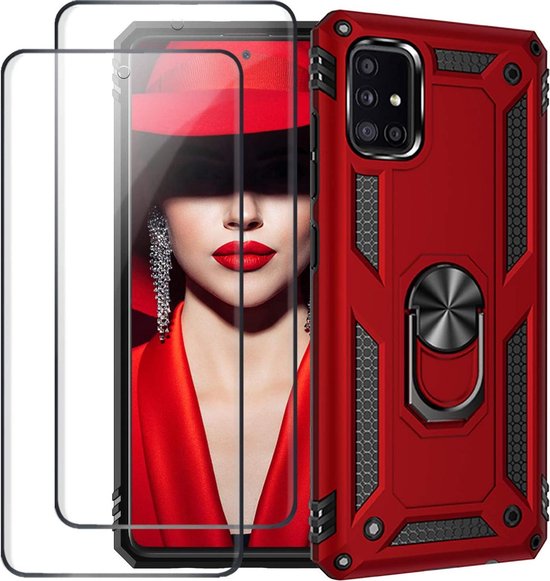 Rood schokbestendig ring-armor hoesje voor Samsung Galaxy A71 met geïntegreerde ringhouder en twee screenprotectors.