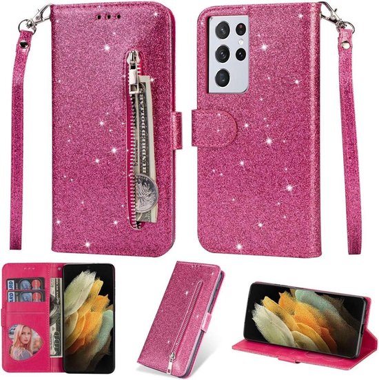 Samsung Galaxy A72 5G Hoesjes – Glitter Portemonnee Case – Rits & Koord – Pasjeshouder – Roze-Ilumina Benelux
