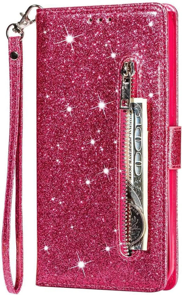 Samsung Galaxy A72 5G Hoesjes – Glitter Portemonnee Case – Rits & Koord – Pasjeshouder – Roze-Ilumina Benelux