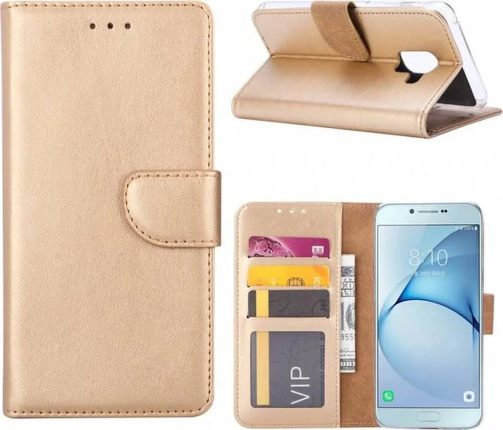 Samsung Galaxy A8 2018 Hoesjes – Portemonnee Hoes – Magneetsluiting – 2x Gehard Glas Screenprotector – Goud-Ilumina Benelux