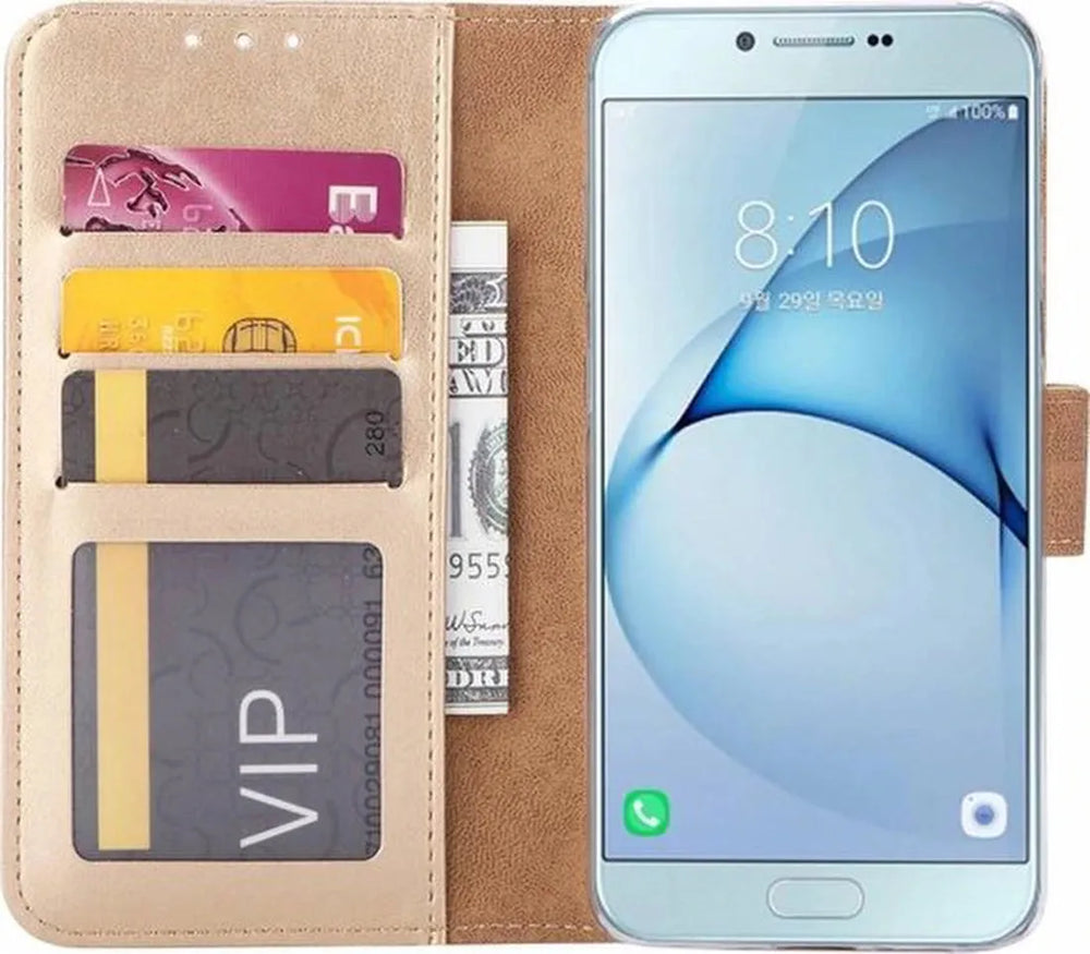 Samsung Galaxy A8 2018 Hoesjes – Portemonnee Hoes – Magneetsluiting – 2x Gehard Glas Screenprotector – Goud-Ilumina Benelux