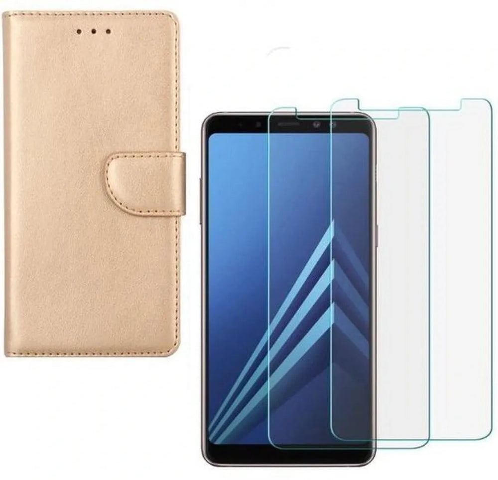 Samsung Galaxy A8 2018 Hoesjes – Portemonnee Hoes – Magneetsluiting – 2x Gehard Glas Screenprotector – Goud-Ilumina Benelux