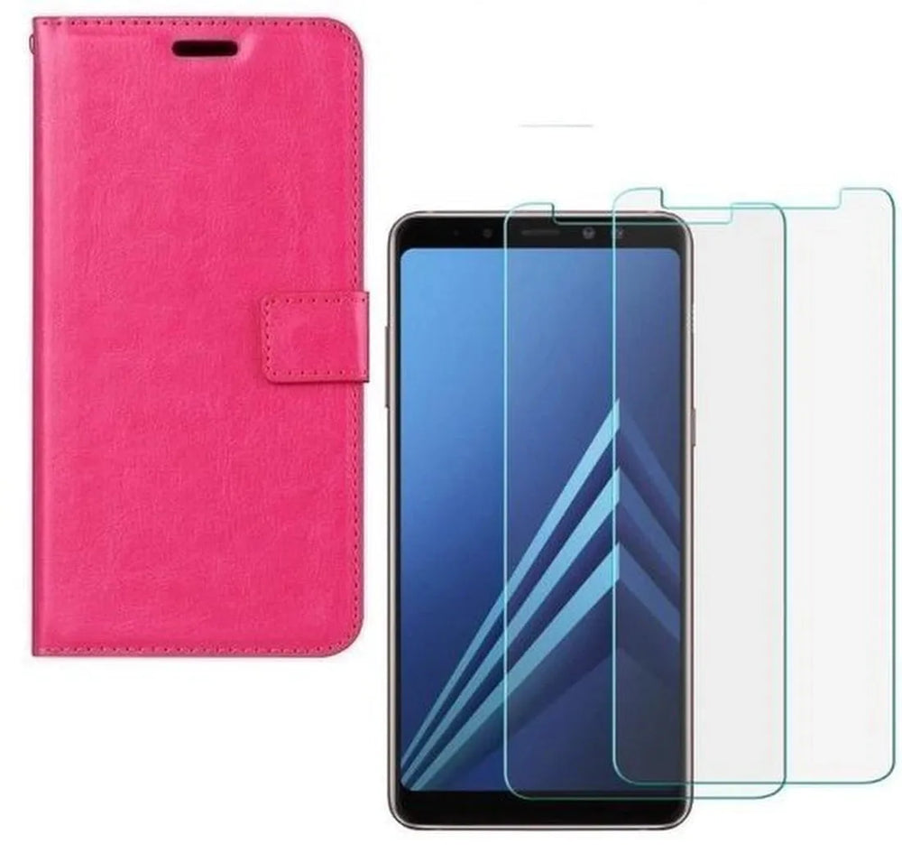 Samsung Galaxy A8 2018 Hoesjes – Portemonnee Hoes – Pasjeshouder – 2x Gehard Glas Screenprotector – Roze-Ilumina Benelux
