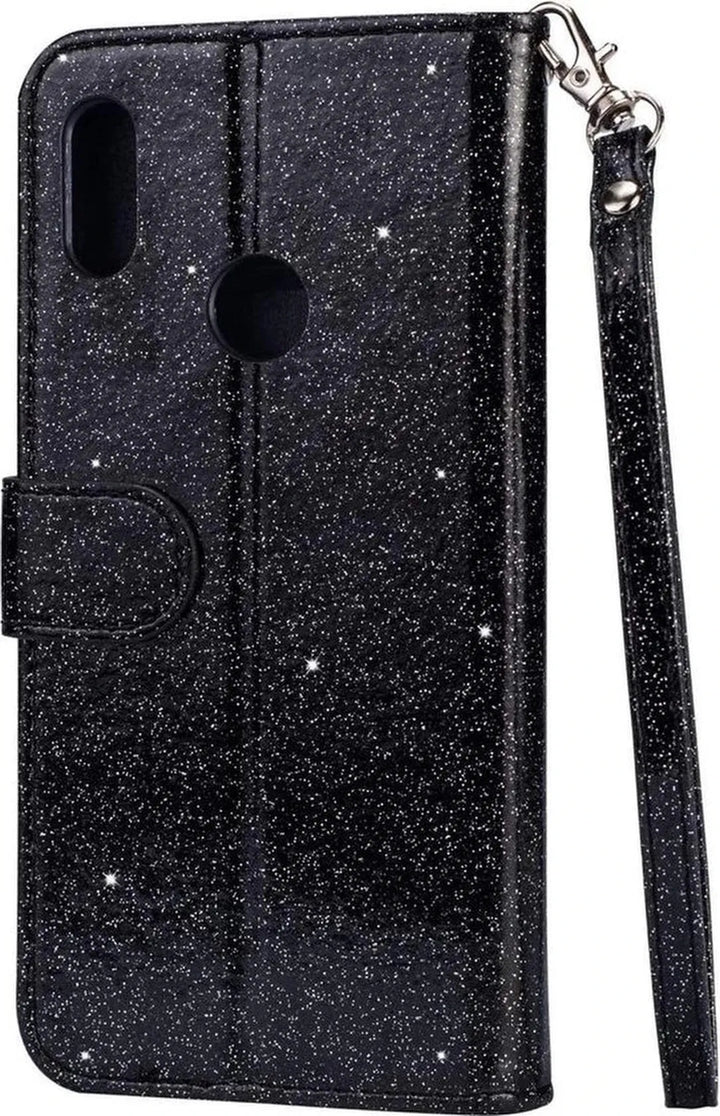 Samsung Galaxy M11 Hoesjes – Glitter Portemonneehoes – Rits & Koord – Pasjeshouder – Zwart-Ilumina Benelux