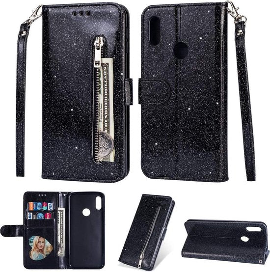 Samsung Galaxy M11 Hoesjes – Glitter Portemonneehoes – Rits & Koord – Pasjeshouder – Zwart-Ilumina Benelux