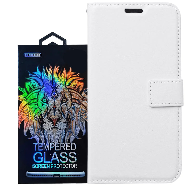 Samsung Galaxy M11 Hoesjes – Portemonnee Hoes – Magneetsluiting – 2x Gehard Glas Screenprotector – Wit-Ilumina Benelux