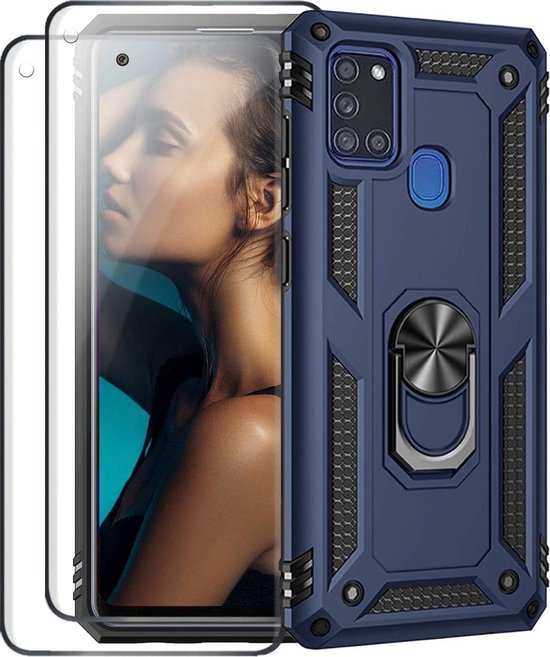 Blauwe Samsung Galaxy M21 Ring Armor backcover met schokbestendige bumper en geïntegreerde ringstand, inclusief twee screenprotectors.