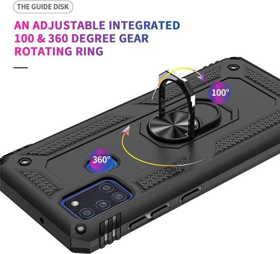 Zwart schokbestendig ring armor hoesje voor Samsung Galaxy M21 met 100/360 graden draaibare ringhouder.