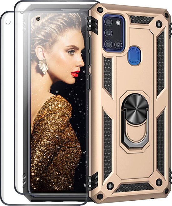 Gouden schokbestendige Ring Armor backcover voor Samsung Galaxy M21 met geïntegreerde ringhouder en 2 screenprotectors.