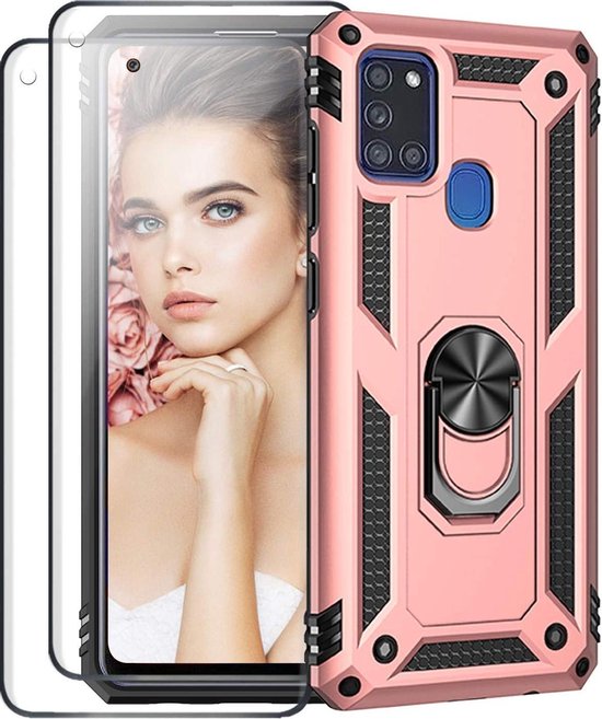 Roségoud Samsung Galaxy M21 Ring Armor backcover met schokbestendig design, geïntegreerde ringstand en 2 screenprotectors.