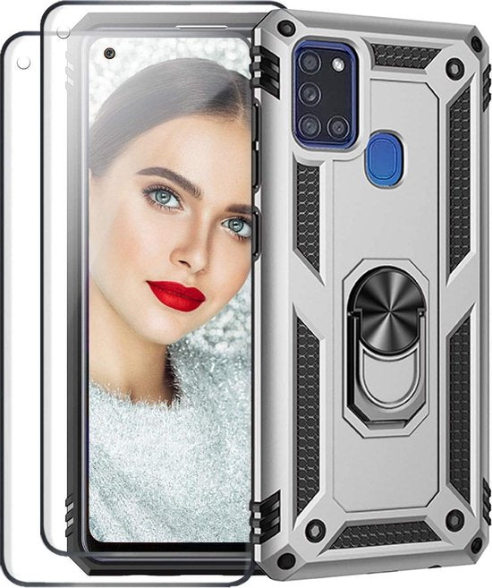 Zilveren Samsung Galaxy M21 Ring Armor backcover met schokbestendige constructie en geïntegreerde ringhouder, inclusief 2 screenprotectors.