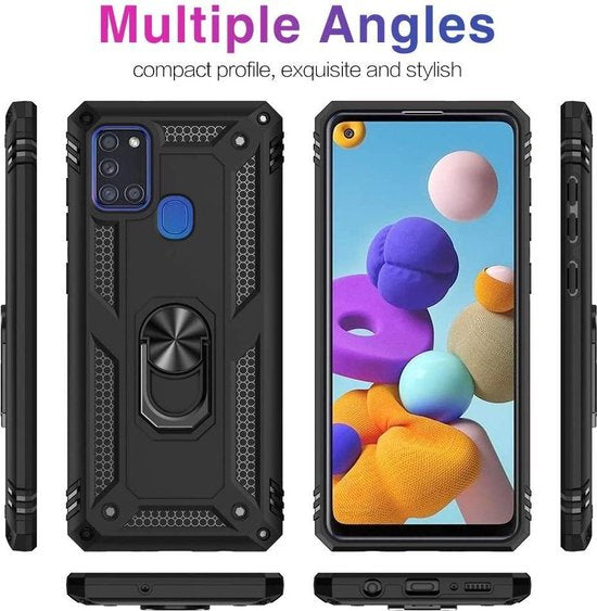 Zwarte Samsung Galaxy M21 Ring Armor backcover met schokbestendige bumper en geïntegreerde kickstand.