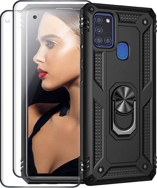 Zwarte Samsung Galaxy M21 Ring Armor backcover met schokbestendige bumper en geïntegreerde kickstand, inclusief 2 screenprotectors.