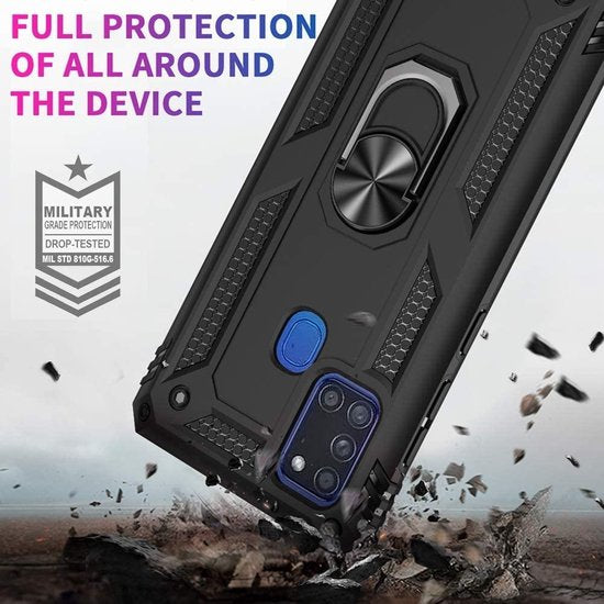 Zwart Samsung Galaxy M21 schokbestendig ring armor hoesje met standaard en militaire bescherming.