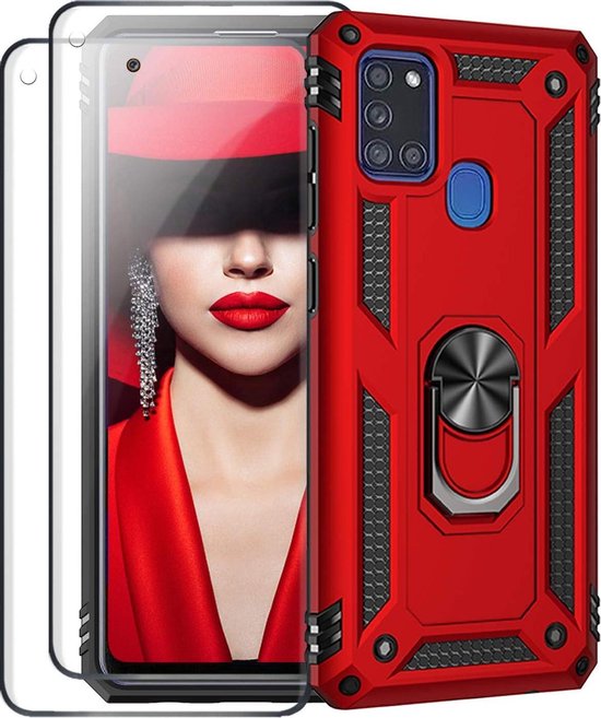 Rode schokbestendige ring armor backcover voor Samsung Galaxy M21 met 2 screenprotectors.