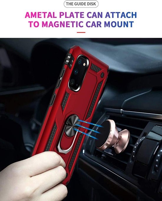 Rood Samsung Galaxy Note 10 Lite Ring Armor Backcover met magnetische autohouder.