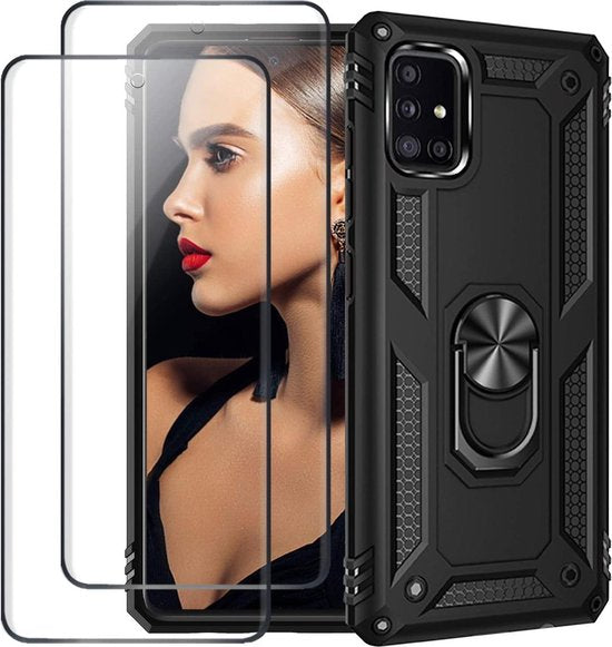 Zwart schokbestendig ring armor backcover hoesje voor Samsung Galaxy Note 10 Lite met 2 screenprotectors.