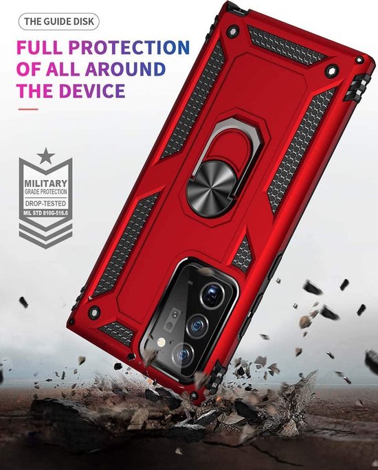 Rood Samsung Galaxy Note 20 Ring Armor backcover met schokbestendige bumper en geïntegreerde ringhouder.