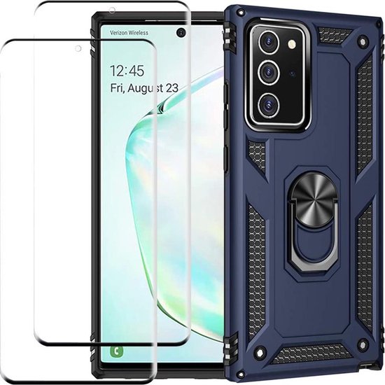Blauw schokbestendig Samsung Galaxy Note 20 hoesje met ringhouder en twee screenprotectors.
