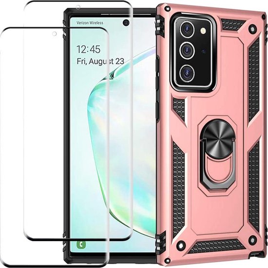Roségoud Samsung Galaxy Note 20 Ring Armor backcover met schokbestendige hoes en twee screenprotectors.