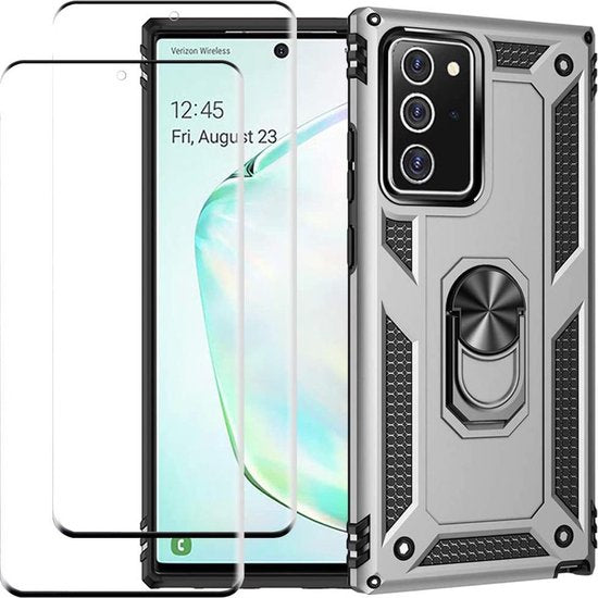 Samsung Galaxy Note 20 Hoesjes – Ring Armor Backcover – Schokbestendig – 2x Screenprotector – Zilver-Ilumina Benelux