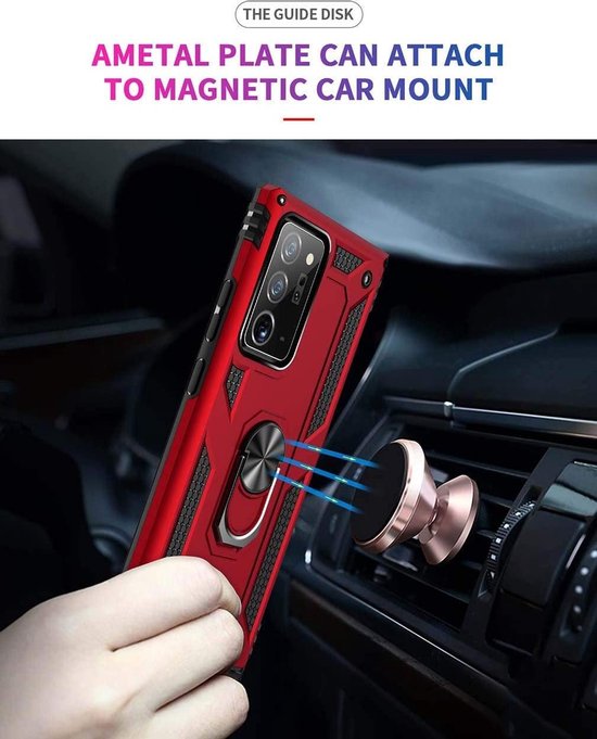 Rood Samsung Galaxy Note 20 Ring Armor backcover met metalen plaat, bevestigd aan een magnetische autohouder.