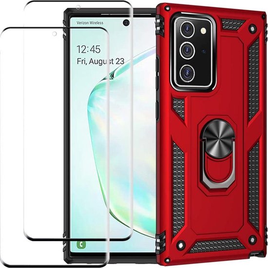 Rode Ring Armor backcover voor Samsung Galaxy Note 20 met geïntegreerde ringstandaard en twee screenprotectors.