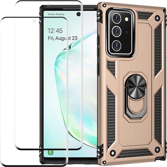 Gouden Ring Armor backcover voor Samsung Galaxy Note 20 met schokbestendige randen en geïntegreerde ringstand, inclusief twee screenprotectors.