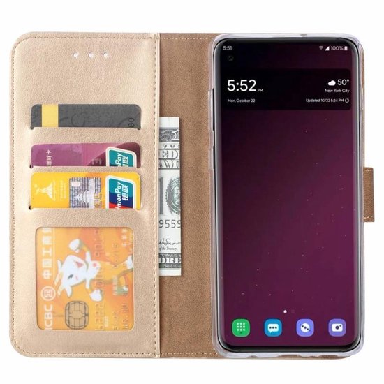 Samsung Galaxy S10+ Hoesjes – Bookcase Portemonnee – Magneetsluiting – 2x Gehard Glas Screenprotector – Goud-Ilumina Benelux