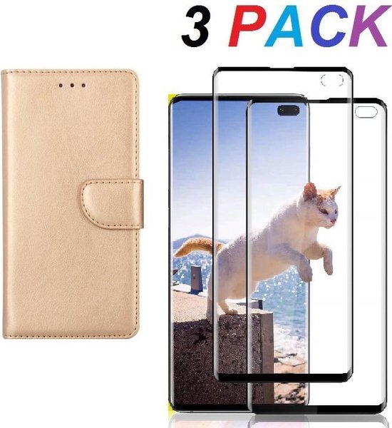 Samsung Galaxy S10+ Hoesjes – Bookcase Portemonnee – Magneetsluiting – 2x Gehard Glas Screenprotector – Goud-Ilumina Benelux