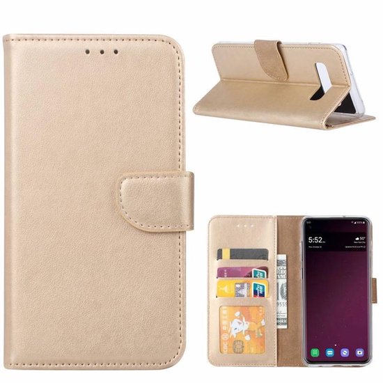Samsung Galaxy S10+ Hoesjes – Bookcase Portemonnee – Magneetsluiting – 2x Gehard Glas Screenprotector – Goud-Ilumina Benelux