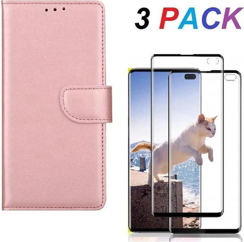 Samsung Galaxy S10+ Hoesjes – Bookcase Portemonnee – Magneetsluiting – 2x Gehard Glas Screenprotector – Roségoud-Ilumina Benelux