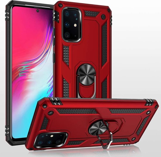 Rood schokbestendig ring armor hoesje voor Samsung Galaxy S10 Lite met ingebouwde standaard.