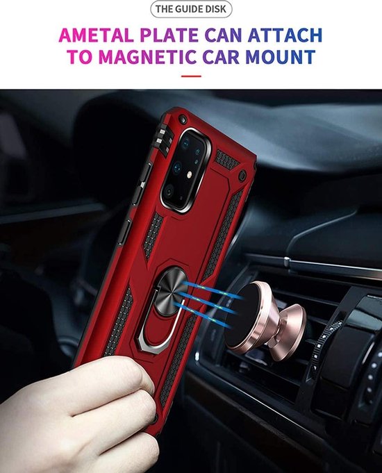 Rode schokbestendige ring armor backcover voor Samsung Galaxy S10 Lite, bevestigd aan een magnetische autohouder.
