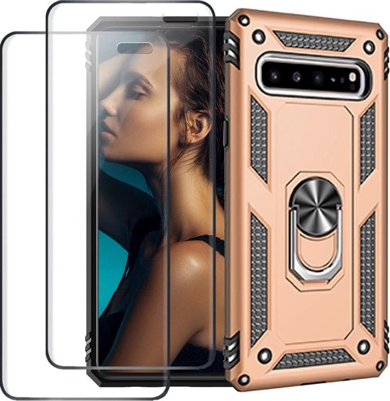 Gouden Samsung Galaxy S10E ring armor backcover met schokbestendige constructie en twee screenprotectors.