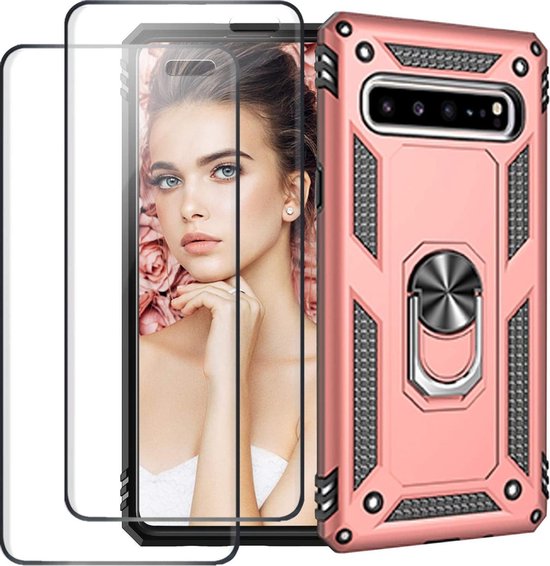 Roségoud Samsung Galaxy S10e Ring Armor backcover met schokbestendige hoeken en 2 screenprotectors.