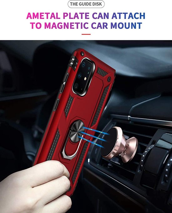Rood schokbestendig Samsung Galaxy S20 telefoonhoesje met ringhouder, bevestigd aan een magnetische autohouder.