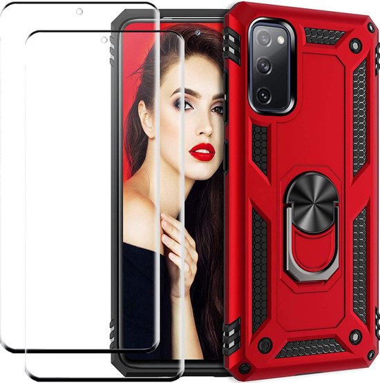 Rood schokbestendig ring armor telefoonhoesje voor Samsung Galaxy S20 met 2 screenprotectors.