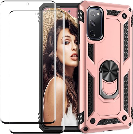 Roségoud Samsung Galaxy S20 Ring Armor backcover met schokbestendige bumper en twee screenprotectors.