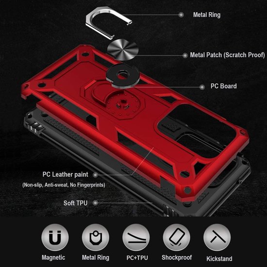 Samsung Galaxy S20 Ultra Hoesjes – Ring Armor Backcover – Schokbestendig – 2x Screenprotector – Rood-Ilumina Benelux