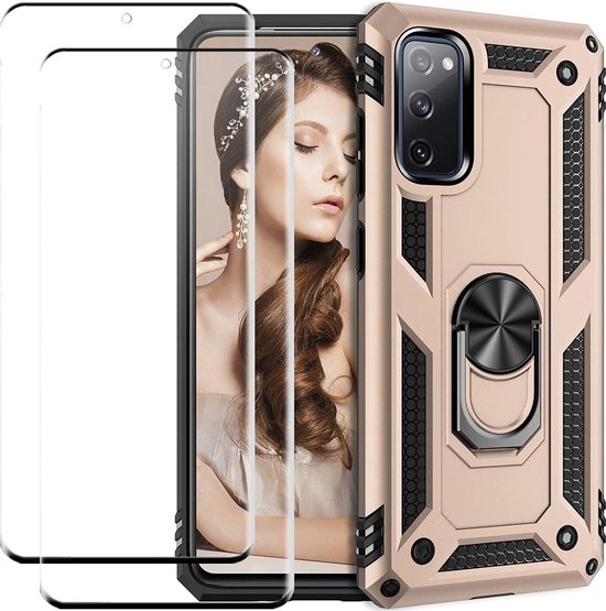 Gouden schokbestendige ring armor backcover voor Samsung Galaxy S20 Ultra met geïntegreerde ringhouder en twee screenprotectors.