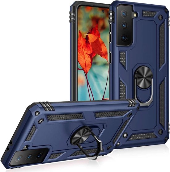 Samsung Galaxy S21 FE Hoesjes – Ring Armor Backcover – 360° Draaibare Standaard – Magneet – Blauw-Ilumina Benelux