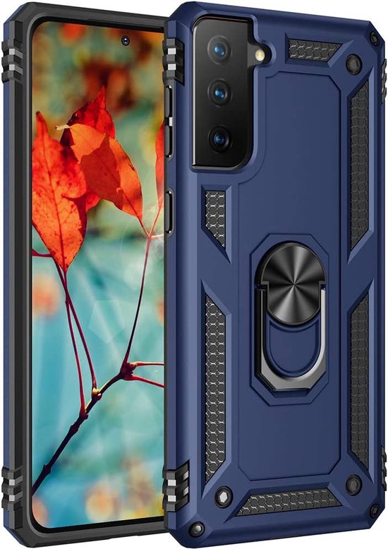 Samsung Galaxy S21 FE Hoesjes – Ring Armor Backcover – 360° Draaibare Standaard – Magneet – Blauw-Ilumina Benelux