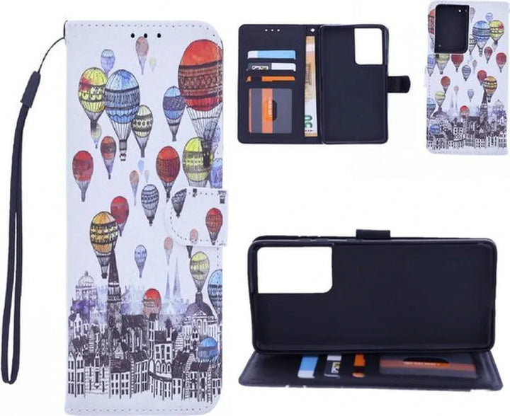 Samsung Galaxy S21 Ultra Hoesjes – Bookcase – Print Air Balloon – Magneetsluiting – Pasjeshouder – Multicolor-Ilumina Benelux